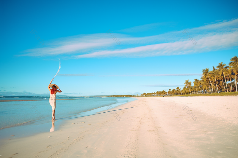 蓝天下海边甩着丝巾踩海水的少女背影,高清,摄影图,摄影图片,图片大全,摄影图免费下载